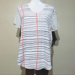 Calvin Klein Jeans Top Sheer V Neck Short Sleeved Stripes Hi Lo Blouse Small